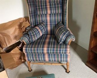 UPHOLSTERED WING CHAIR AND FOOTSTOOL WITH NEEDLEPOINT