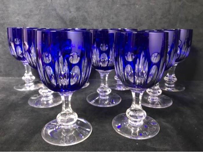 019pBlue Cut To Clear Crystal Goblets