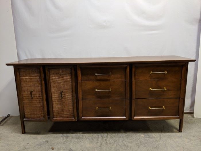 mid century modern 9 drawer dresser with cane doors