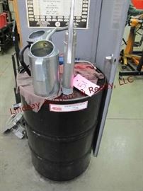 51 - Allfleet Synthetic Blend HD SAE 15W-40 CJ-4 Motor Oil in 50 gallon size barrel (approx 10 gallons remaining) w/ hand pump, grease gun, 2 - oil transfer cans