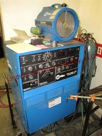 74 - Miller Syncrowave 350 CC AC/DC Power Source single phase, foot pedal, tig gun, bottle, on cart w/ handle, w/ Miller Coolmate 4 Water Coolant System (VERY LARGE & HEAVY)