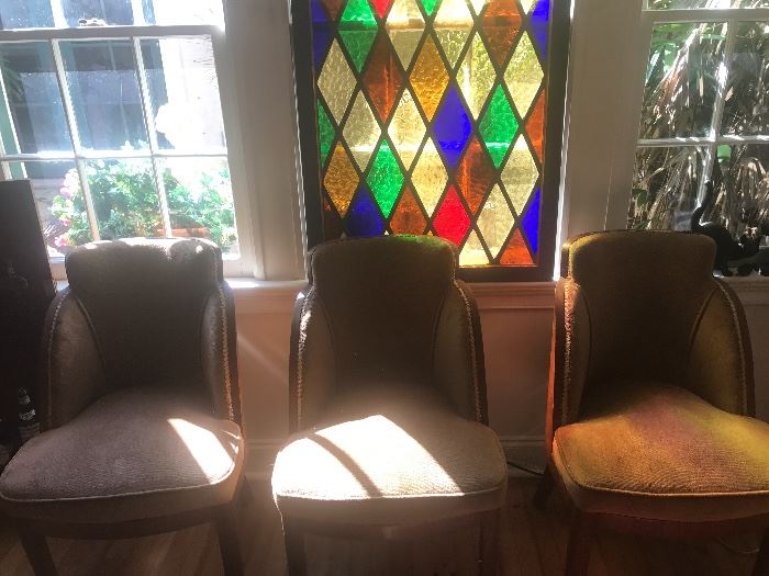 ENGLISH ART DECO CHAIRS (PART OF DR SET), STAINED GLASS