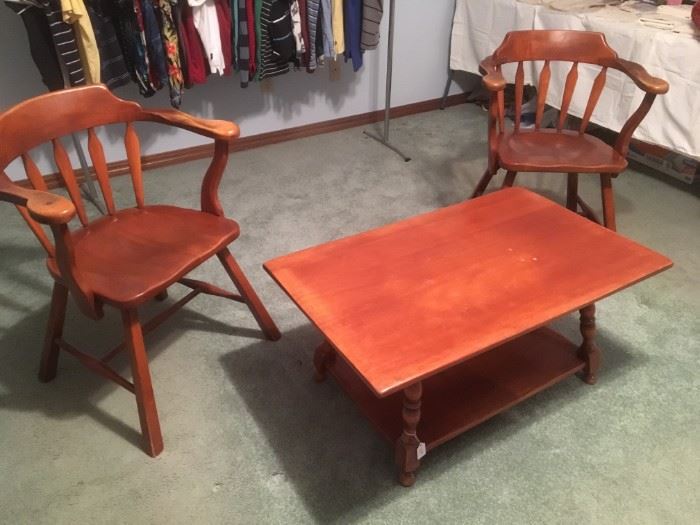 Maple arm chairs and coffee table