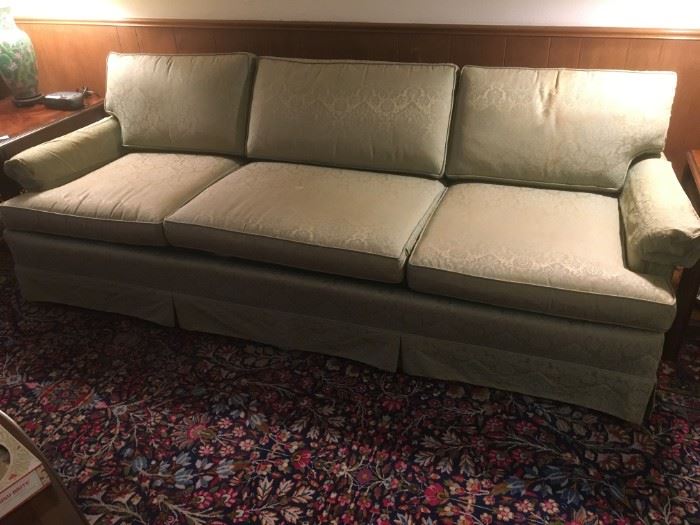 Mid century sofa, celery green brocade fabric