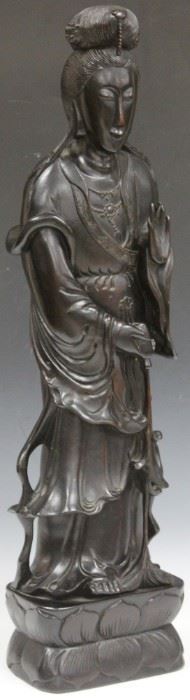 LOT #2012 - EARLY CARVED QUAN YIN, POSSIBLY ZITAN, 30" H