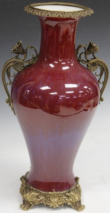 LOT #2039 - RED FLAMBE VASE WITH METAL BASE & HANDLES