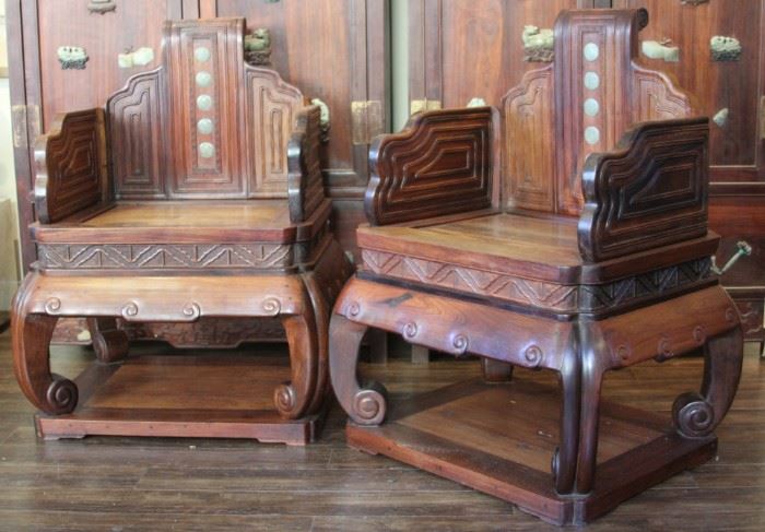 LOT #2106 - PAIR OF CHINESE CARVED CHAIRS W/ HARDSTONE INSERTS