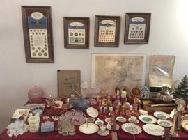 Coin collection framed. Bottles of prefume ,souvenirs items.