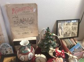 Post cards.  Ceramic Christmas trees. 