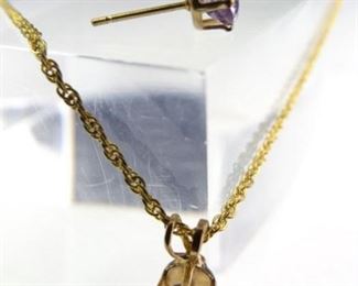 14K Gold Amethyst Pendant Necklace  Earring