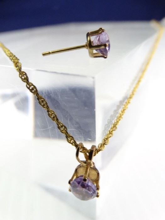 14K Gold Amethyst Pendant Necklace  Earring