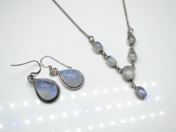 Sterling & Moonstone Necklace & Earrings (2)