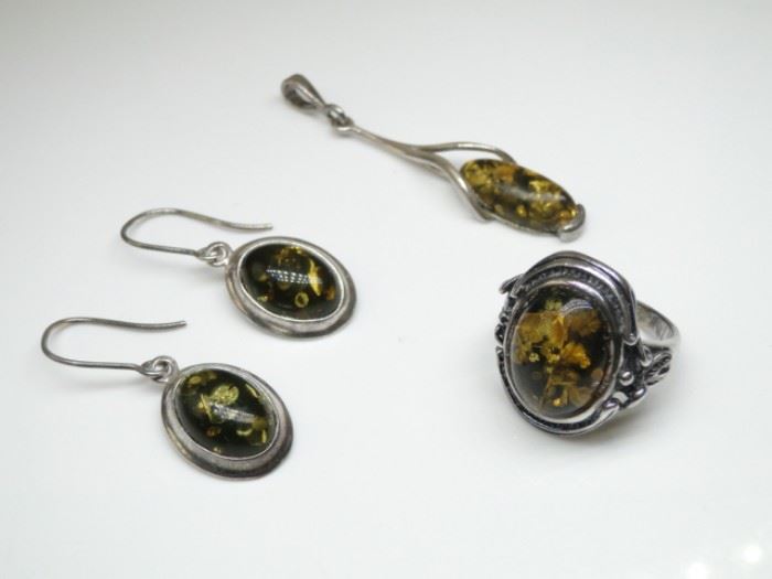 Sterling Amber Pendant, Ring, Earrings (3)