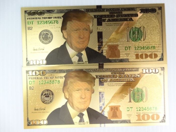2 Trump Golden $100 Novelty Bills  Token