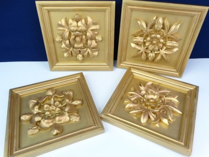 FourPiece Golden Floral Square Framed Decor Set