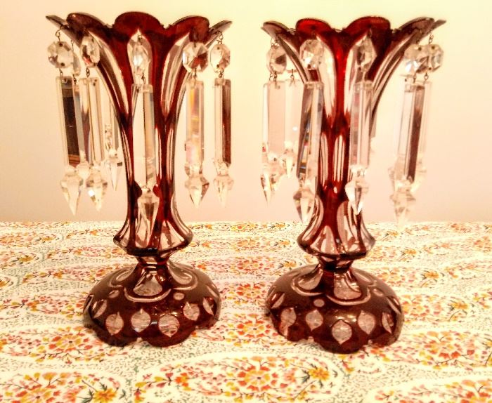 Moser? Ruby cut to clear mantel lustres- 19th century Bohemian glass