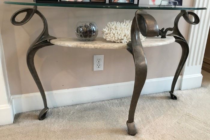 UNIQUE 2-TIER, GLASS AND MARBLE CONSOLE TABLE