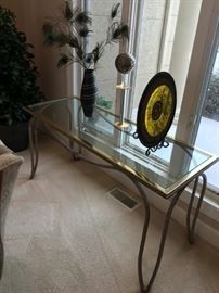 MARBLE AND BRASS  SOFA TABLE WITH INLAY GLASS TOP