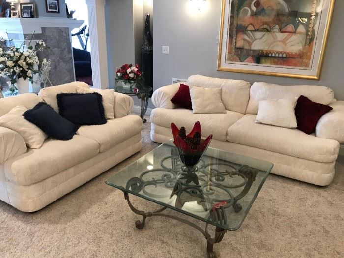 CREAM SOFA,(sofa sold) LOVESEAT (sold) AND CHAIR SET. COFFEE TABLE