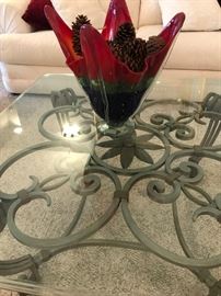 METAL AND GLASS TABLE SET INCLUDING A COFFEE TABLE, END TABLE AND SOFA TABLE. (glass vase sold)
