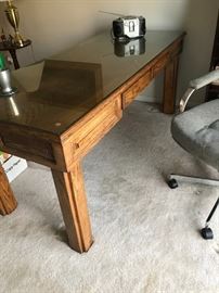 WOOD DESK WITH GLASS PROTECTIVE TOP AND 2 FRONT DRAWERS - MAKES A GREAT CRAFT DESK