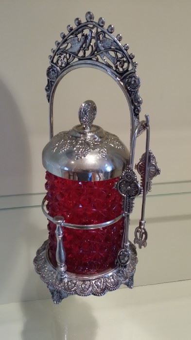 Victorian pickle castor, with tongs, in brilliant red!