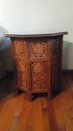 Japanese teak carved table with inlay one of two.