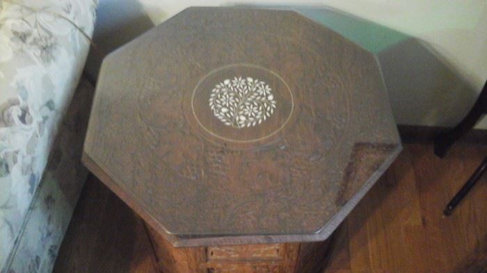Japanese teak carved table with inlay one of two.