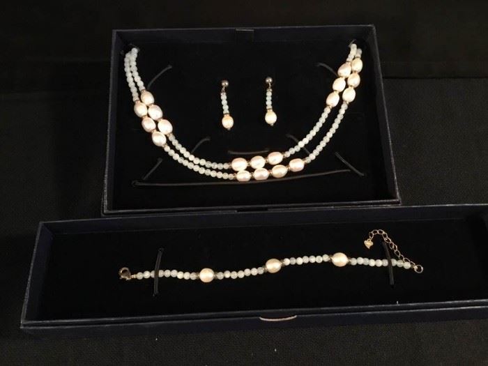 Stauer Aquamarine and Pearl Necklace, Earrings, and Bracelet