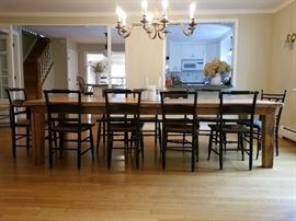 Antique farmhouse dining table, set of ten Hitchcock chairs