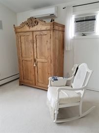Antique armoire,  antique white caned rocker