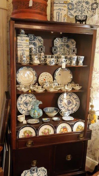 Mahogany China Cabinet, Antique Asian Steamer, Four Blue Danube Twelve Inch Square Platters, Blue Danube Egg Cups, Blue Danube Double Shell Candy/Nut,  Blue Danube Cappuccinos, Lots of Blue and White...