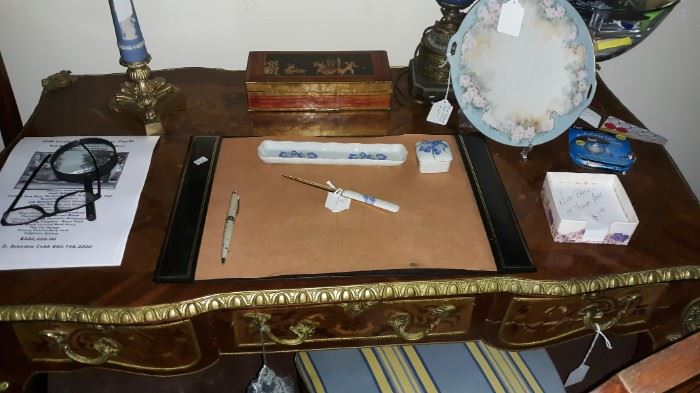 Limoges "Iris" desk set with box, tray, and letter opener.  Handpainted cake plate.