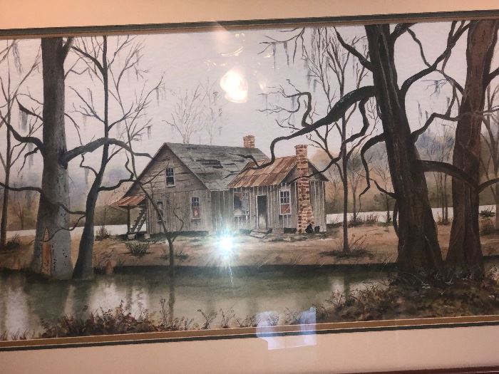 Original watercolor pencil framed cabin bayou scene. 