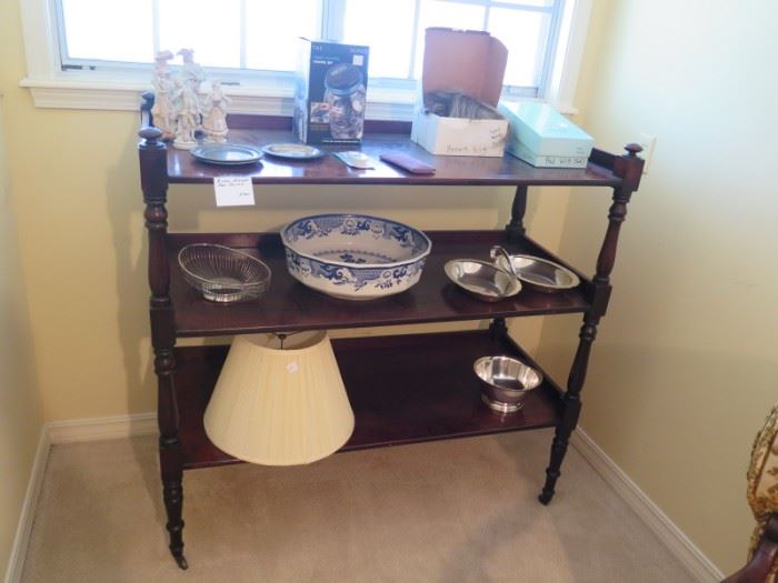 trolley or dumb waiter, huge Mason blue willow basin, 