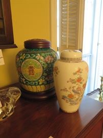 ginger jars, one very old with hand carved lid, the other is by Wedgwood