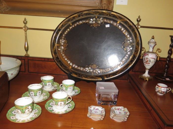 paper mache tray with inlaid MOP, english registry cups