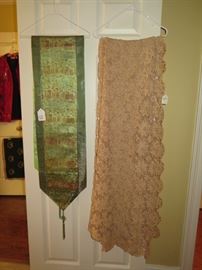 silk runner and crochet tablecloth