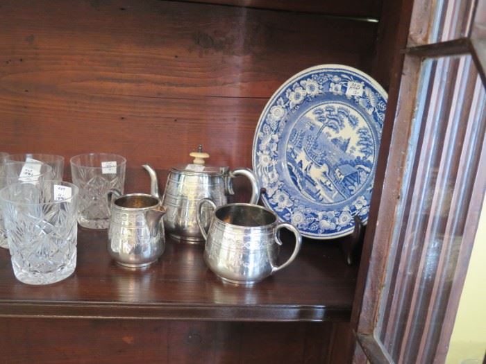 childs silver tea set, blue willow