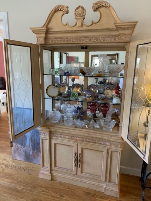China, pottery, crystal including Waterford, etched glass, ornate china cabinet with large glass display and mirrored backing.  