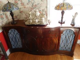 Mahogany  buffet, art glass  lamps(new),silverplate  tea  set