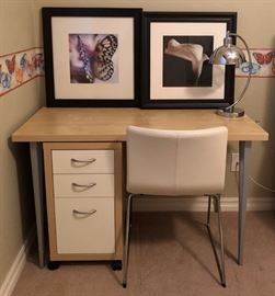 Ikea Bedroom: Bed, 2 Nightstands, Shelf, Desk, Desk Chair, 3-Drawer Dresser, Table Lamps, Bedding...                    Art Prints, Desk Lamp