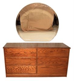 Oak Dresser and Round Mirror