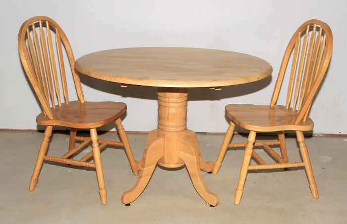 Oak drop leaf table with two chairs