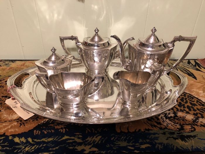 Beautiful International Silver Co. All Sterling Tea ,Coffee , Cream  & Sugar ,Waste and Large 26`` Sterling Matching Tray . In Excellent Condition and Monogrammed. 