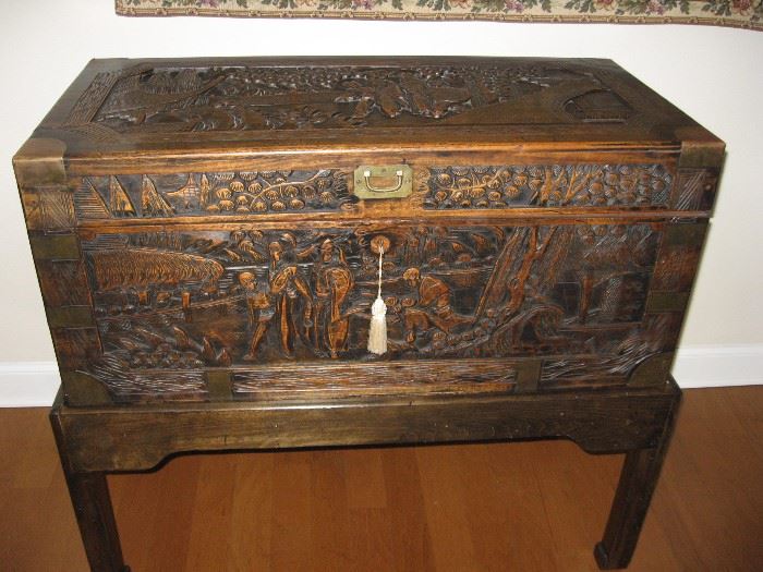 Beautiful Antiqued Carved Chinese Chest with Stand...