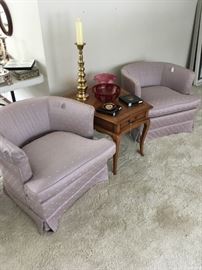Customer Upholstered Club Chairs and Hekman End Table