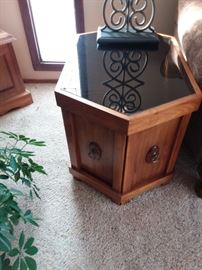 Hand made MCM end tables with black glass top.