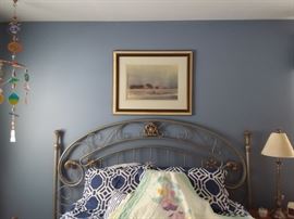 King size headboard, painted silver and gold metal. Queen Sealy mattress and box springs.