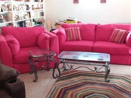 Red fabric sofa, love seat, armchair and ottoman. Light and clean.